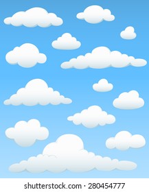 Cloud Element Set - Set of cloud elements on a blue sky background.  Colors are just a few global swatches, so file can be recolored easily.  