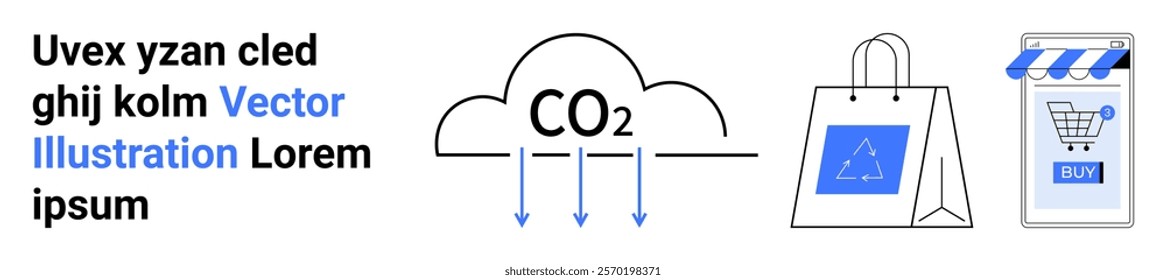 Cloud emitting CO2, eco-friendly shopping bag, and an online shopping cart relating to carbon footprint in online shopping. Ideal for sustainability, e-commerce, carbon reduction, green packaging