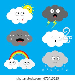 Cloud emoji icon set. Sun, rainbow, rain drop, wind, thunderbolt storm lightning. White gray color. Fluffy clouds. Cute cartoon cloudscape. Different emotion. Flat design. Blues sky background Vector