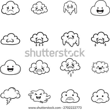 Cloud Emoticon doodle line art collection. Includes line art symbols sad, happy, angry, crying, weather and more. Isolated doodles. Cloud doodle set. 