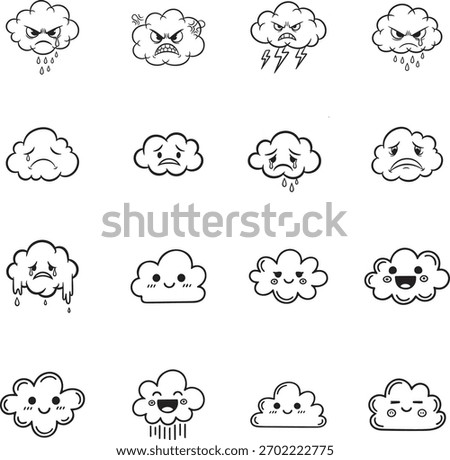 Cloud Emoticon doodle line art collection. Includes line art symbols sad, happy, angry, crying, weather and more. Isolated doodles. Cloud doodle set. Minimalist doodles pack.