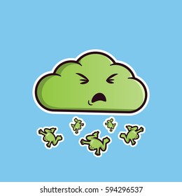Cloud emoticon sick with frog rain. Cute vector emoji. Editable sticker in eps10