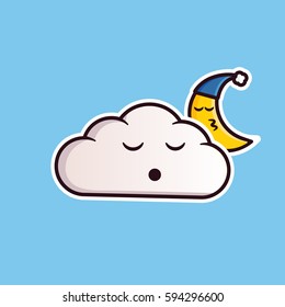 Cloud emoticon sleeping with the moon. Cute vector emoji. Editable sticker in eps10