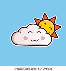 Cloud emoticon smiling with the sun. Cute vector emoji. Editable sticker in eps10