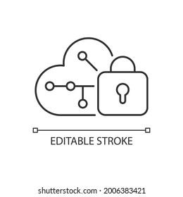 Cloud encryption linear icon. Transforming user data using encryption algorithms. Cloud storage. Thin line customizable illustration. Contour symbol. Vector isolated outline drawing. Editable stroke