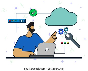 Cloud engine development concept. Man using laptop to repair database server. Backup server, cloud security, data safety, virtual application, storage access. 