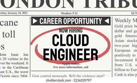 Cloud engineer career. Recruitment offer - job ad. Newspaper classified ad career opportunity.