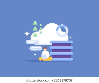 Cloud-Techniker, Datenbankadministrator, Server-Administrator. ein IT-Mitarbeiter, der Cloud-basierte Software und Anwendungen plant, entwickelt und entwirft. Optimierung der Datenbank und des Servers. Illustration