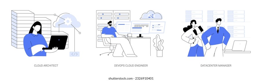 Cloud engineering abstract concept vector illustration set. Cloud security architect, DevOps engineer, edge computing, data center manager with laptop discuss problem, IT industry abstract metaphor.