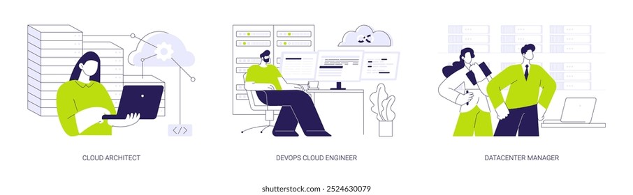 Cloud engineering abstract concept vector illustration set. Cloud security architect, DevOps engineer, edge computing, data center manager with laptop discuss problem, IT industry abstract metaphor.