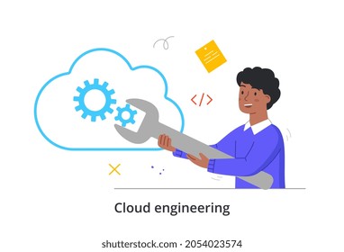 Cloud Engineering concept. Man with wrench sets up data warehouse. Employee transmits information via Internet. Shared database. Cartoon modern flat vector illustration isolated on white background