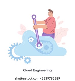 Ilustración vectorial de concepto plano de ingeniería en la nube. Computación basada en nube, almacenamiento de datos hospedado, ingeniero profesional certificado, metáfora abstracta de desarrollo de software nativo de nube.
