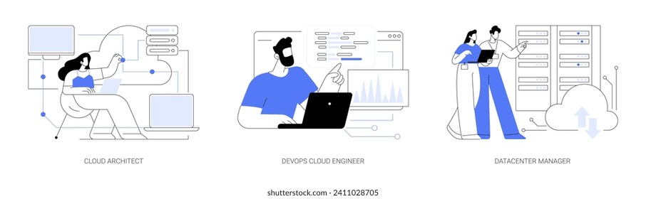 Cloud engineering isolated cartoon vector illustrations set. Cloud security architect, DevOps engineer, edge computing, data center manager with laptop discuss problem, IT industry vector cartoon.