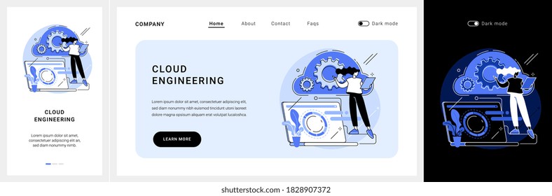 Cloud engineering website UI kit. Cloud-based computing, hosted data storage, certified professional engineer, cloud-native software development landing and mobile app vector UI template.