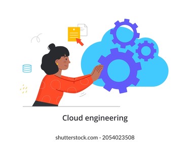 Cloud Engineering. Woman Sets Up Digital Server For Storing And Transmitting Data Over Internet. Launching Shared Information Repository. Cartoon Flat Vector Illustration Isolated On White Background