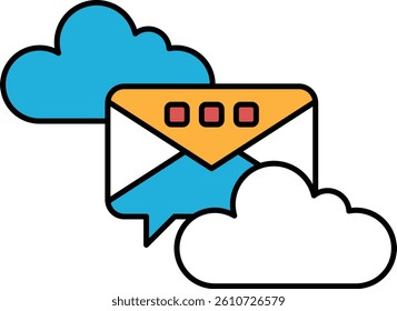 A cloud with an envelope on top of it. The envelope has three red buttons on it. The envelope is yellow and blue