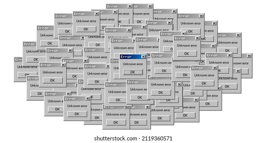 Cloud of error dialog boxes. 95-98 year UI design style. Retro OS user interface. Vintage computer software. Vector illustration