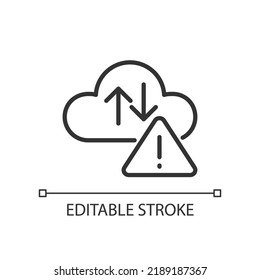 Icono lineal perfecto del píxel de error de nube. Capacidad de almacenamiento en Internet. Cargar y descargar el problema. Ilustración de línea delgada. Símbolo de contorno. Dibujo del contorno del vector. Trazo editable. Tipo de letra arial utilizado