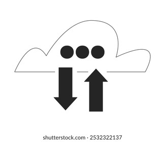 Objeto de linha 2D preto e branco de troca de nuvens. Sincronizar armazenamento. Saída de entrada do servidor de dados. Item isolado do outline do vetor de clip-art da tecnologia de informações do banco de dados de transferência. Ilustração de ponto monocromático