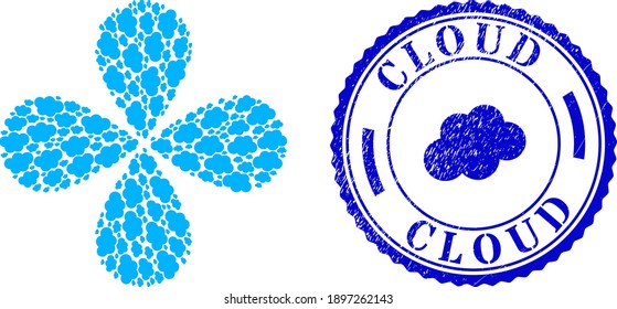 Cloud explosion flower cluster, and blue round CLOUD corroded stamp print with icon inside. Element flower designed from oriented cloud symbols. Vector flower collage in flat style.