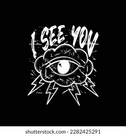 Cloud eye and text i see you art Illustration hand drawn style black and white premium vector