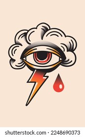 Nube con ojos y truenos goteando sangre. El tatuaje de la vieja escuela se desvanece. Gráfico vectorial