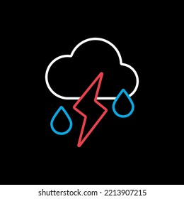 Cloud with fall rain and lightning isolated vector icon on black background. Meteorology sign. Graph symbol for travel, tourism and weather web site and apps design, logo, app, UI