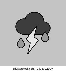 Cloud with fall rain and lightning vector grayscale icon. Meteorology sign. Graph symbol for travel, tourism and weather web site and apps design, logo, app, UI
