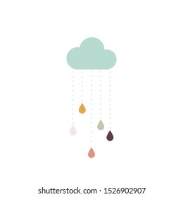 Cloud with falling drops. Nordic style. Vector illustration, flat design