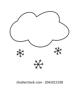 Cloud with falling snowflakes contour line art black and white isolated vector illustration in doodle style. Snow cold weather forecast icon or logo design element. Winter season clip art object. 