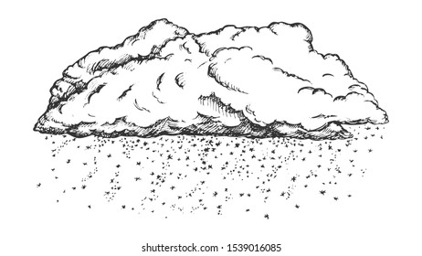 Cloud With Falling Snowflakes Monochrome Vector. Winter Season Sky Element Cloud With Snow. Cloudscape And Weather Engraving Concept Template Hand Drawn In Vintage Style Black And White Illustration