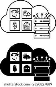 Cloud Farm Data Storage Icons. Line and Glyph Vector Illustrations. Storing Farm Management Information on Remote Servers. Cloud, Database, Cow, Weather, Wheat, and Barn. Agrotechnology and Smart Farming Concept