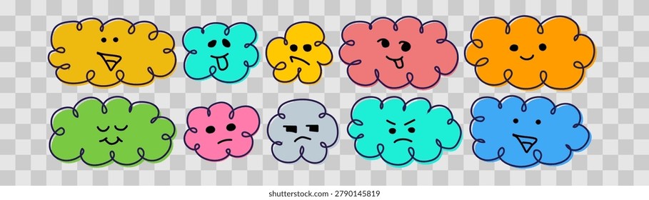 Cloud figure shape character Geometric figure face Cute cartoon cloud with funny faces and happy smiles and different emotions