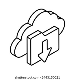 Cloud with file folder and down arrow, isometric icon of cloud download