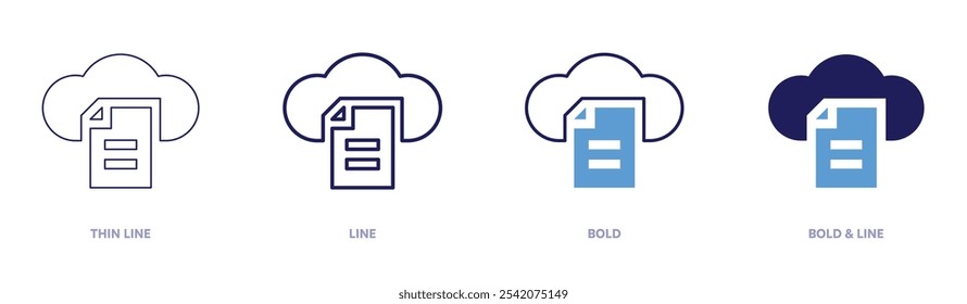 Icono de archivo de nube en 4 estilos diferentes. Línea delgada, línea, negrita y línea negrita. Estilo duotono. Trazo editable.