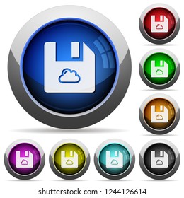 Cloud file icons in round glossy buttons with steel frames