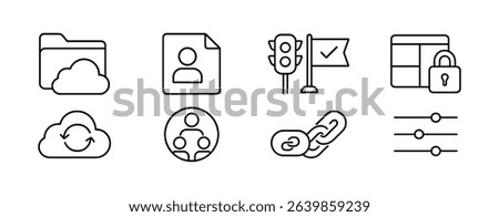 Cloud file management outline icon set. data, security, sync outline style collection