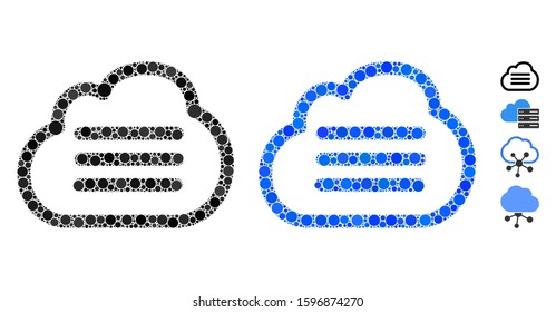 Cloud file mosaic of small circles in different sizes and shades, based on cloud file icon. Vector small circles are organized into blue mosaic.  