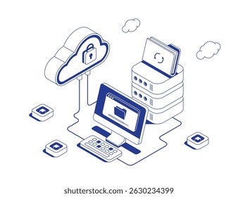 Conceito de armazenamento de arquivos em nuvem com processo de carregamento de PC conectado a servidores através de fluxos de dados e homem de pé no laptop em ilustração vetorial de contorno de linha isométrica.