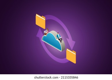 Cloud file transfer between laptop users digital file management service or Dump through an online data center connection network. isometric vector illustration.