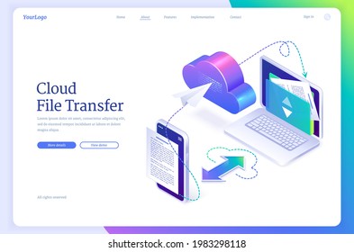 Cloud File Transfer Isometric Landing Page, Hosting Media Server, Service For Private Information Upload And Download. Gadgets Connected In Network System, Digital Data Migration, 3d Vector Banner