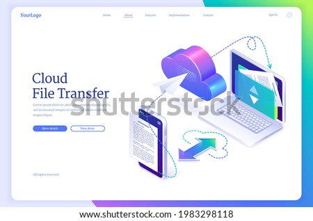 Cloud file transfer isometric landing page, hosting media server, service for private information upload and download. Gadgets connected in network system, digital data migration, 3d vector banner