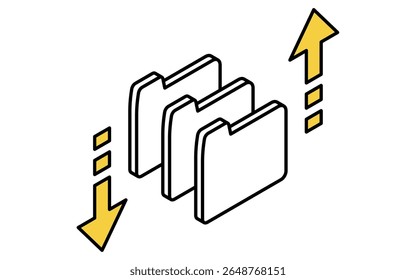 Cloud file upload and download isometric line icon with document and cloud arrows, Vector Illustration