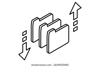 Cloud file upload and download isometric line icon with document and cloud arrows, black and white, Vector Illustration