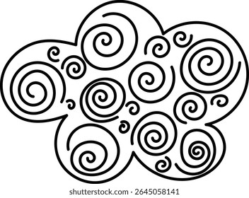 Un nuage rempli de motifs en spirale tourbillonnants dans un style cartoon. Les spirales forment un nuage dynamique avec des lignes en gras. Illustration vectorielle de dessin animé.