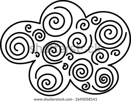 A cloud filled with swirling spiral patterns in a cartoon style. Spirals form a dynamic cloud shape with bold lines. Cartoon vector illustration.