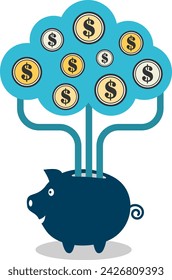 Concepto de gestión financiera en la nube de presupuestos para pagar el consumo de computación en la nube. Una hucha que financia el costo de la computación en la nube.