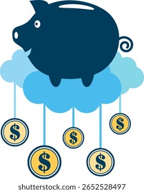 Cloud Financial Management concept of budgeting funds to pay for cloud computing consumption. A piggy bank funding Cloud Computing cost in the Cloud.