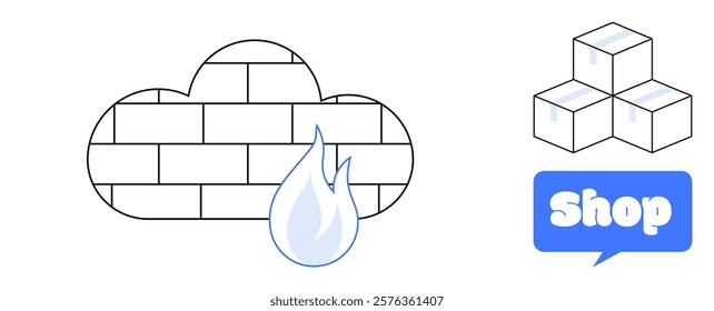 Cloud firewall with a flame, three stacked storage boxes, and a blue shop button. Ideal for online security, e-commerce, cloud storage, technology services, and data protection. Minimalist and modern