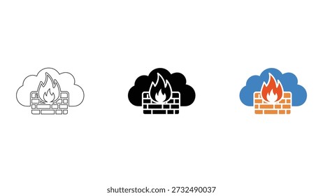 cloud firewall represents protection against threats and unauthorized access. It is network security system that monitors and controls incoming and outgoing network traffic based on predetermined security rules. The icons represent different states of the cloud firewall, including line drawing, black icon, and colored icon with blue cloud and orange bricks. The cloud firewall is critical component of cybersecurity, providing barrier between trusted network and an untrusted network, such as the internet.